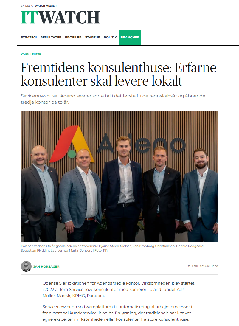 Five men standing in front of the Adeno logo, a ServiceNow partner.