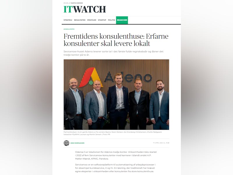 Five men standing in front of the Adeno logo, a ServiceNow partner.