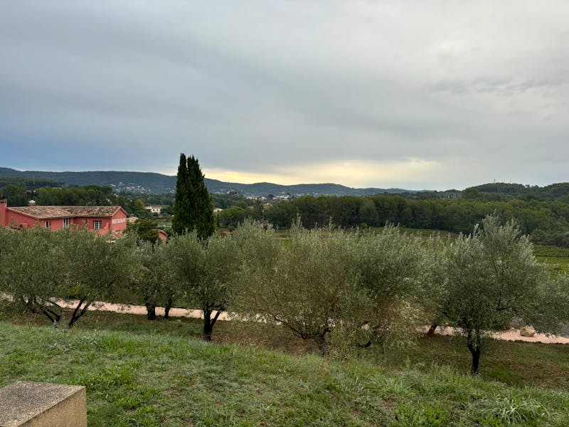 Landscape view of olive trees and a red restaurant building under a cloudy sky during a ServiceNow partner workcation.