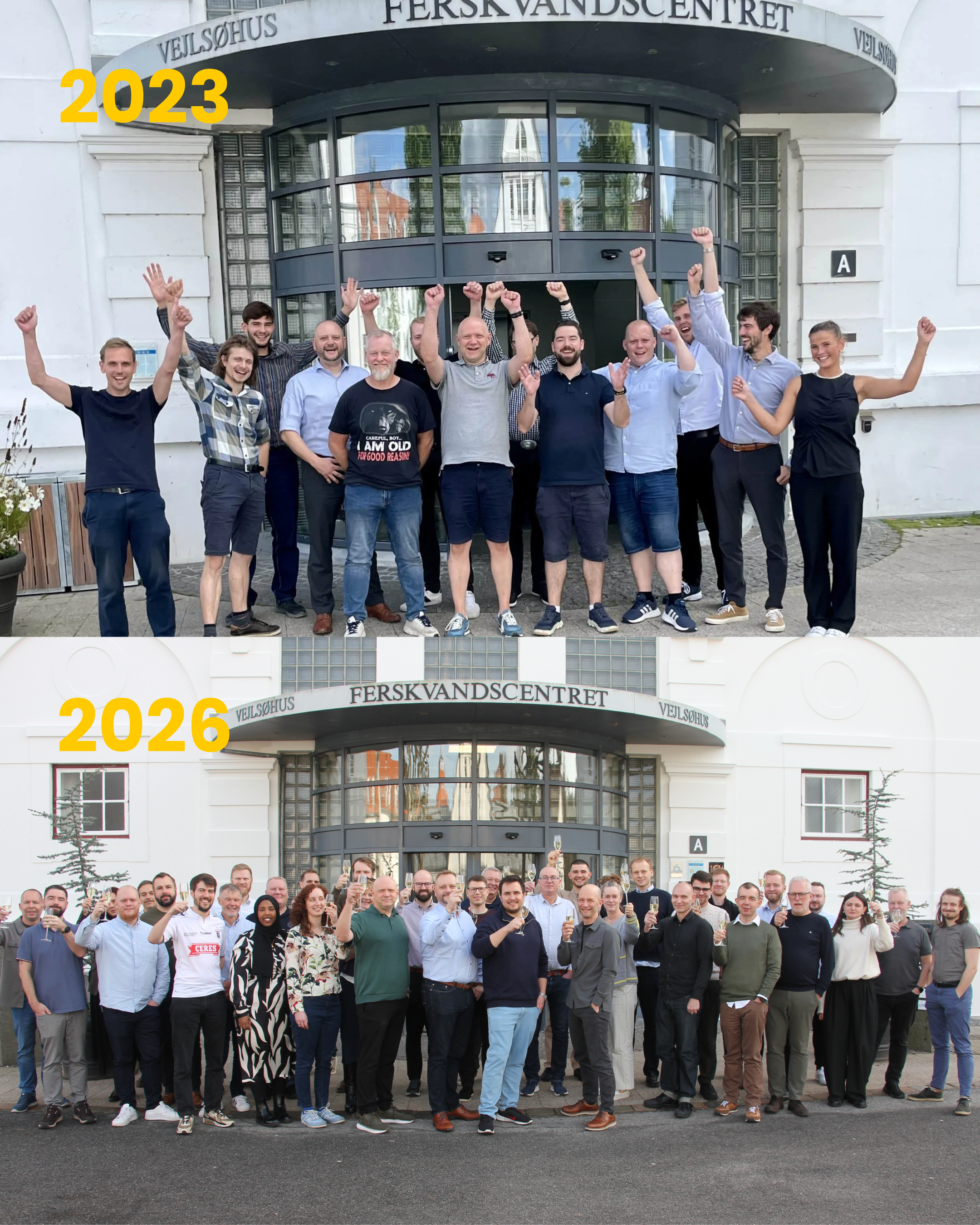 Two photos showing the growth of the ServiceNow partner Adeno team between 2023 and 2026 in front of the Ferskvandscentret building.