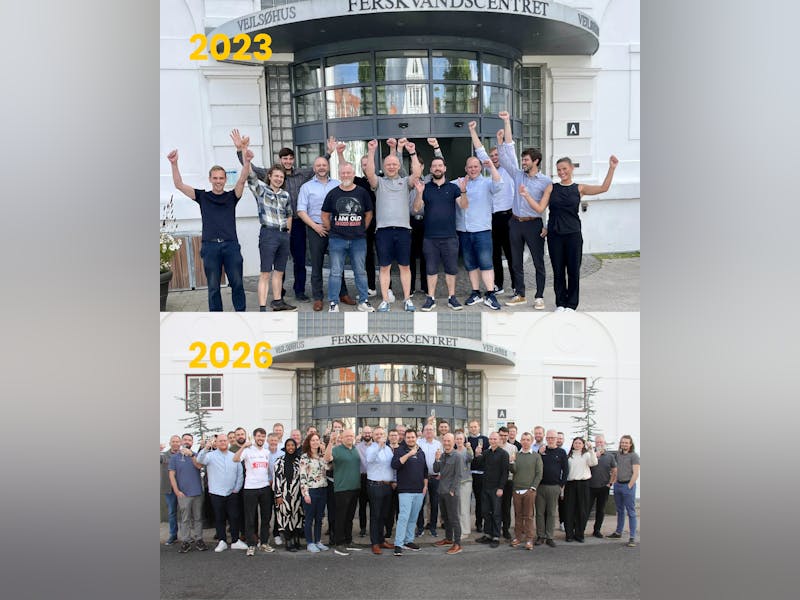 Two photos showing the growth of the ServiceNow partner Adeno team between 2023 and 2026 in front of the Ferskvandscentret building.