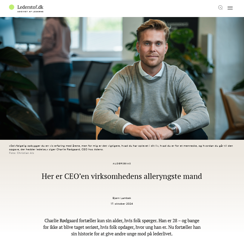 Portrait of Charlie Rødgaard, CEO of Adeno, a ServiceNow Partner, sitting in an office setting.