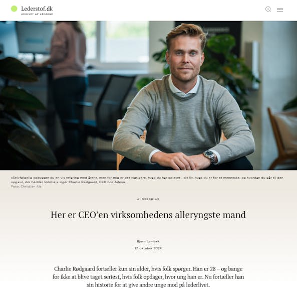 Portrait of Charlie Rødgaard, CEO of Adeno, a ServiceNow Partner, sitting in an office setting.