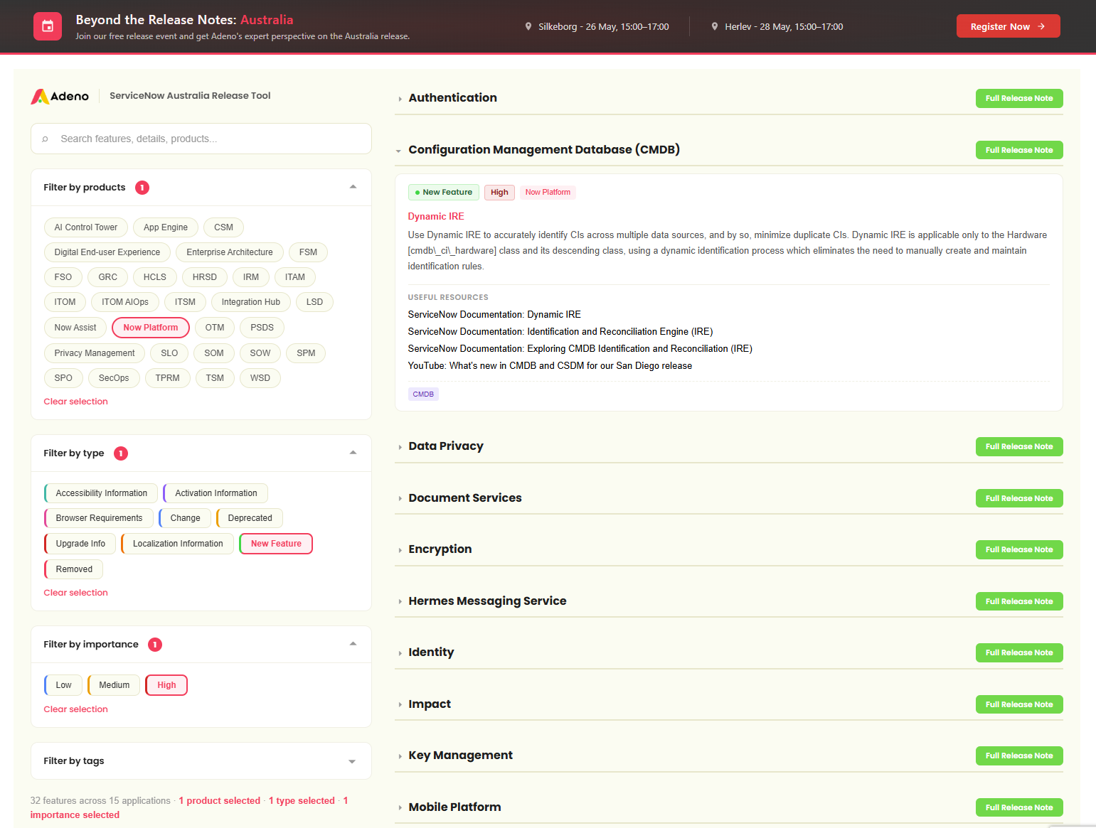 Screenshot of the Adeno ServiceNow Australia Release Tool interface showing filters and release notes.