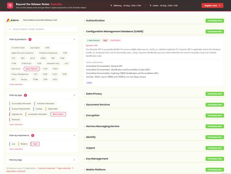 Screenshot of the Adeno ServiceNow Australia Release Tool interface showing filters and release notes.