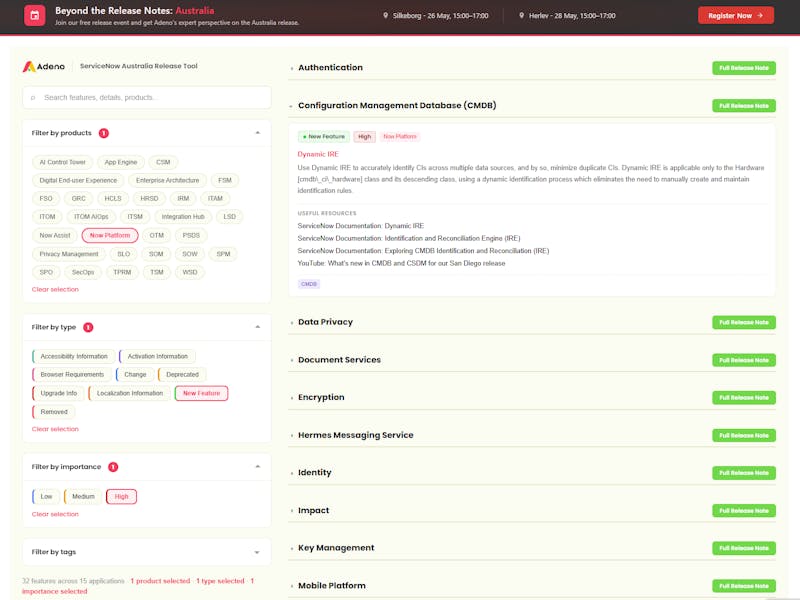 Screenshot of the Adeno ServiceNow Australia Release Tool interface showing filters and release notes.