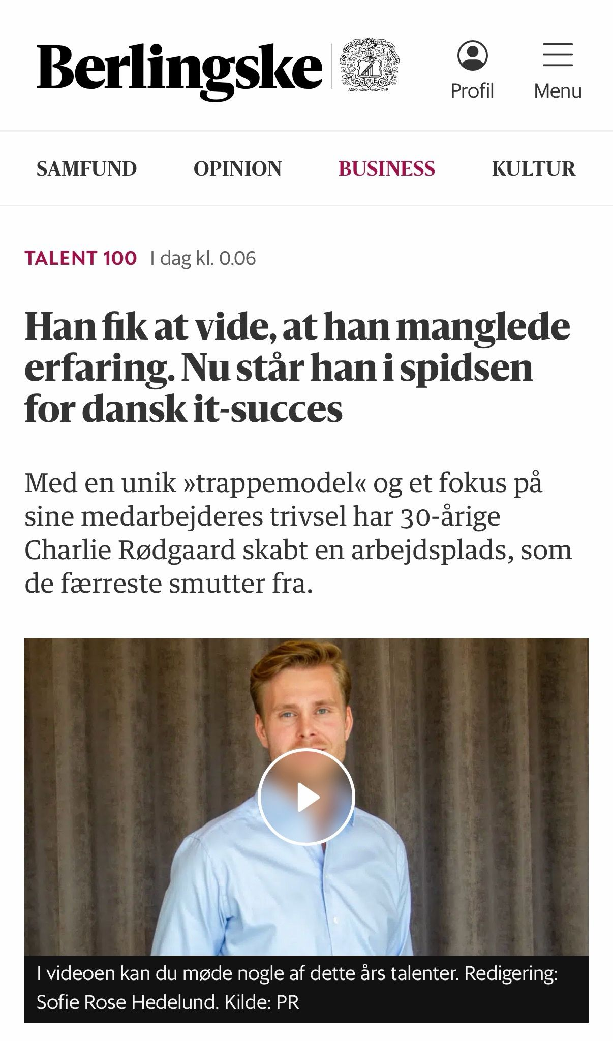 Berlingske news article featuring Charlie Rødgaard, leader of a ServiceNow partner company.