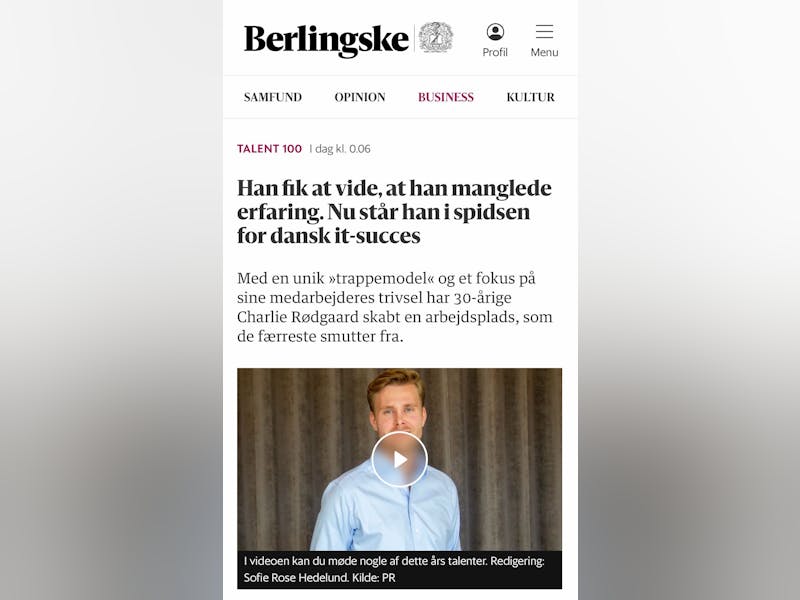 Berlingske news article featuring Charlie Rødgaard, leader of a ServiceNow partner company.