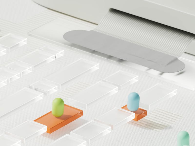 Abstract 3D illustration of a data processing workflow with translucent and orange blocks, representing ServiceNow Life Cycle Conversion Data.