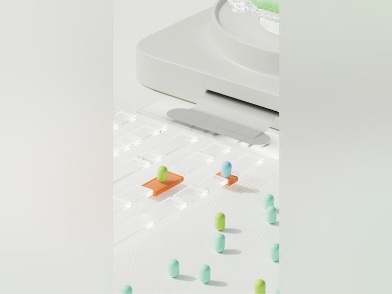 Abstract 3D illustration of a data processing workflow with translucent and orange blocks, representing ServiceNow Life Cycle Conversion Data.