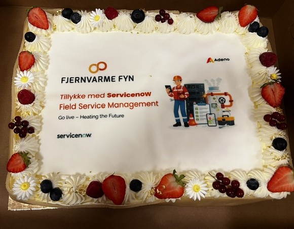 A celebratory cake decorated with fruit and flowers for the Fjernvarme Fyn and ServiceNow Field Service Management go-live, featuring the Adeno logo.
