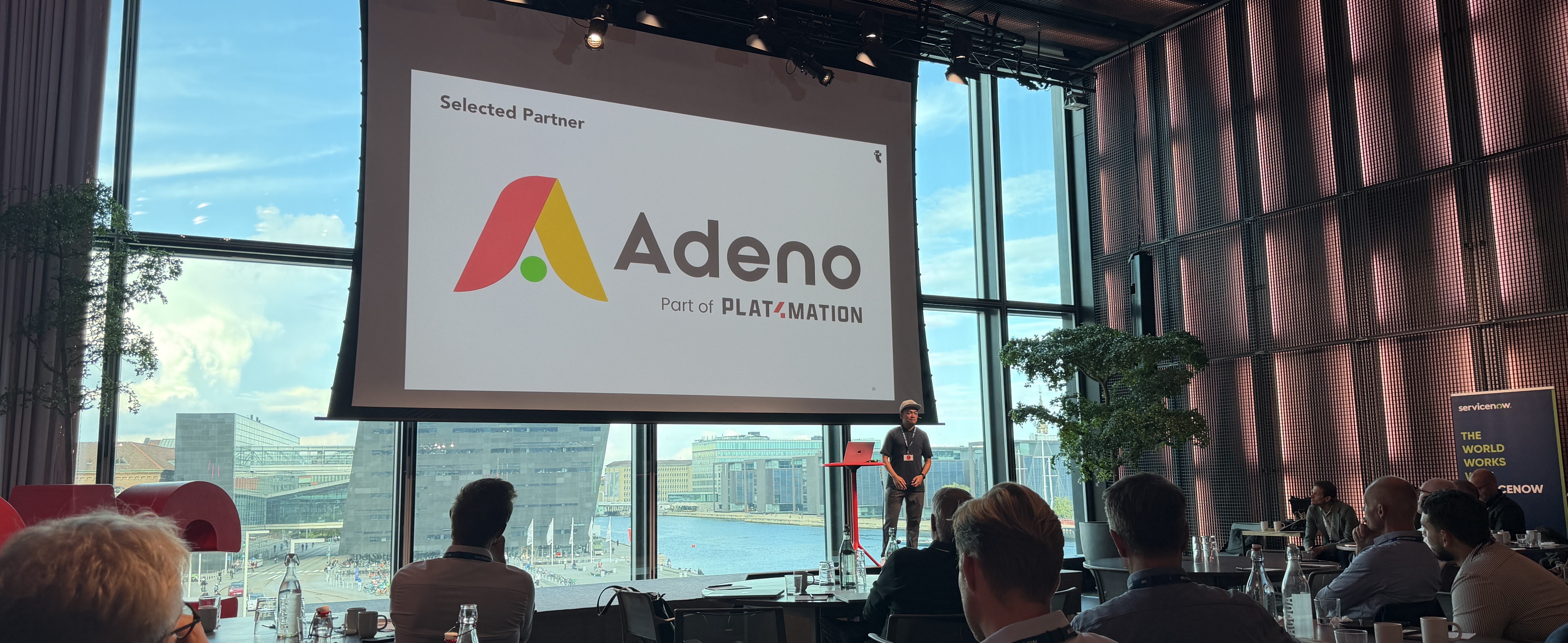 Graphic featuring the Adeno logo, identified as a ServiceNow Selected Partner and part of Platmation.