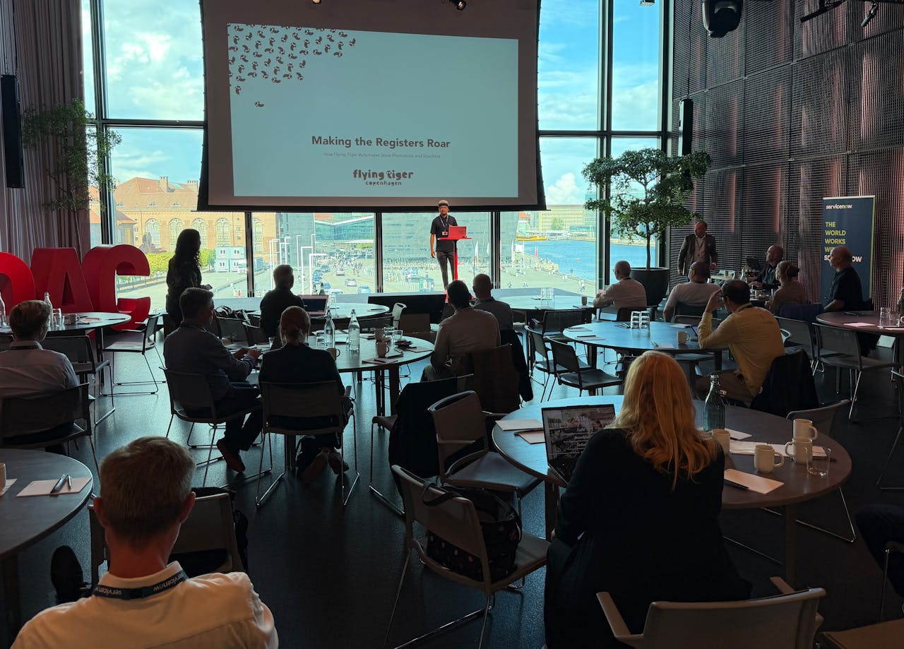 A graphic titled Making the Registers Roar describing how Flying Tiger Copenhagen automates store promotions and vouchers using ServiceNow.