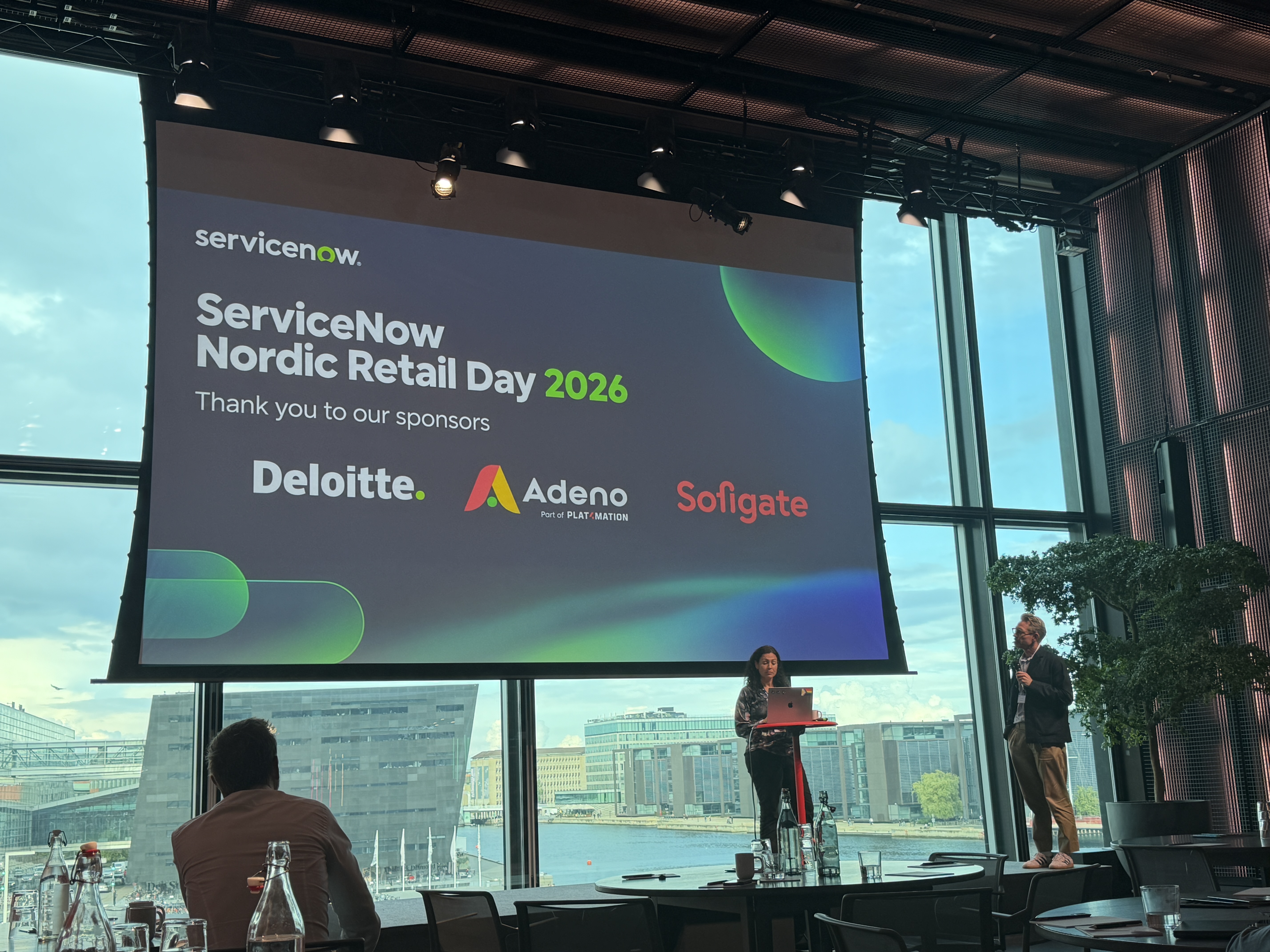 A graphic for ServiceNow Nordic Retail Day 2026 acknowledging sponsors including Adeno, Deloitte, and Sofigate.