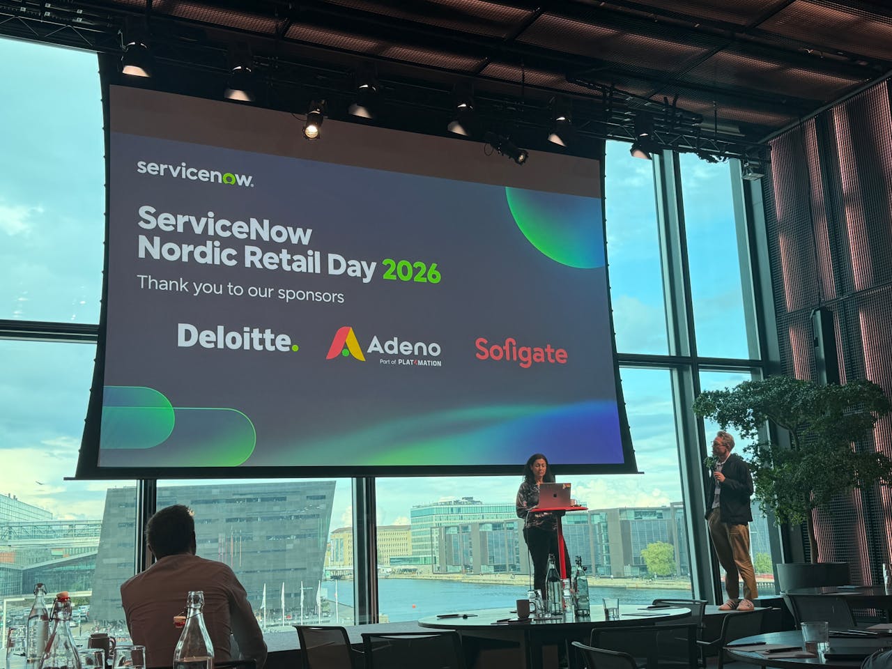 A graphic for ServiceNow Nordic Retail Day 2026 acknowledging sponsors including Adeno, Deloitte, and Sofigate.