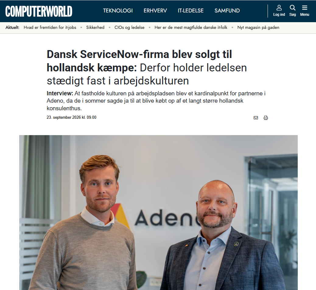 A Computerworld article about ServiceNow partner Adeno, featuring two men standing in front of the company logo.