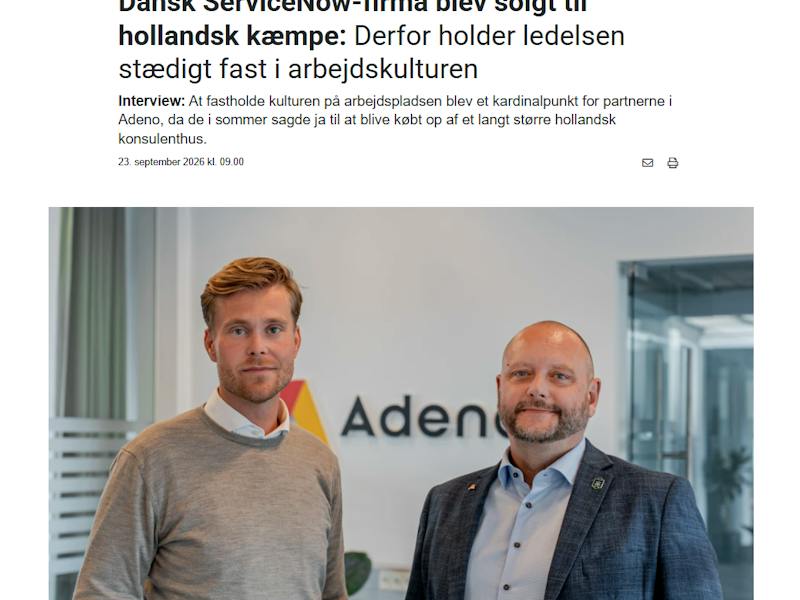 A Computerworld article about ServiceNow partner Adeno, featuring two men standing in front of the company logo.