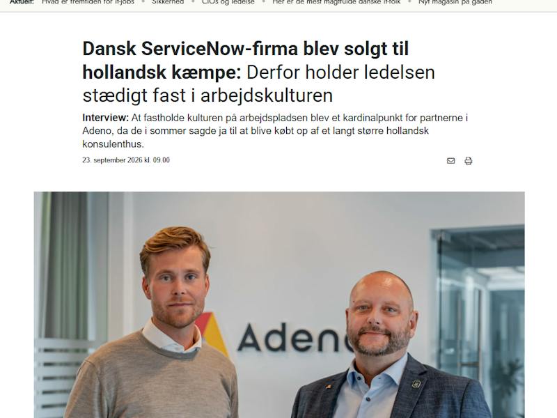 A Computerworld article about ServiceNow partner Adeno, featuring two men standing in front of the company logo.