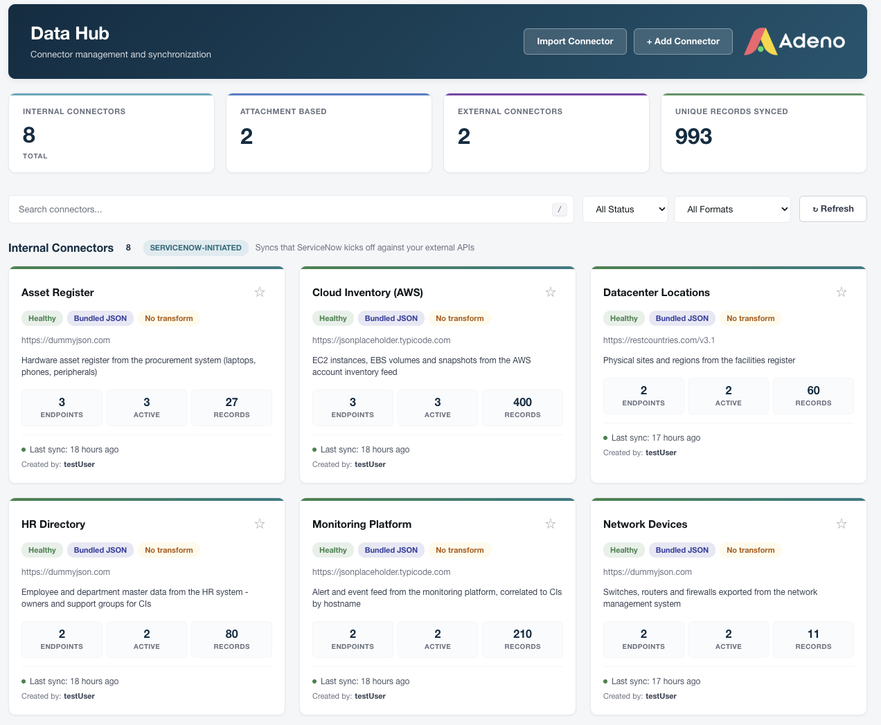 Screenshot of the ServiceNow CMDB Import Hub interface.