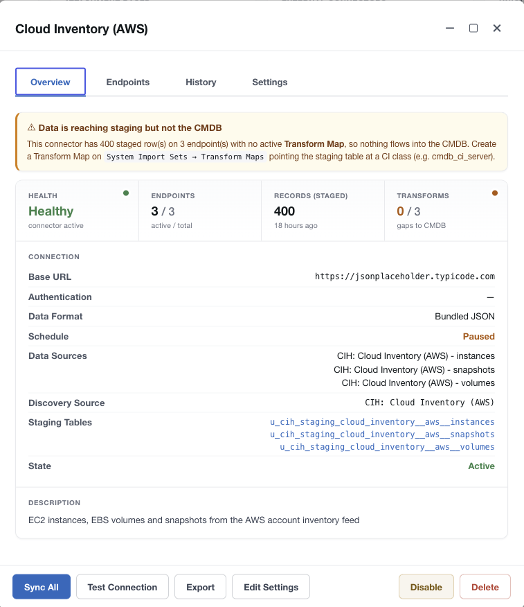 A screenshot displaying the ServiceNow CMDB Import Hub interface.