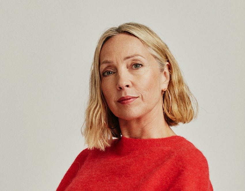 A woman in a red shirt
