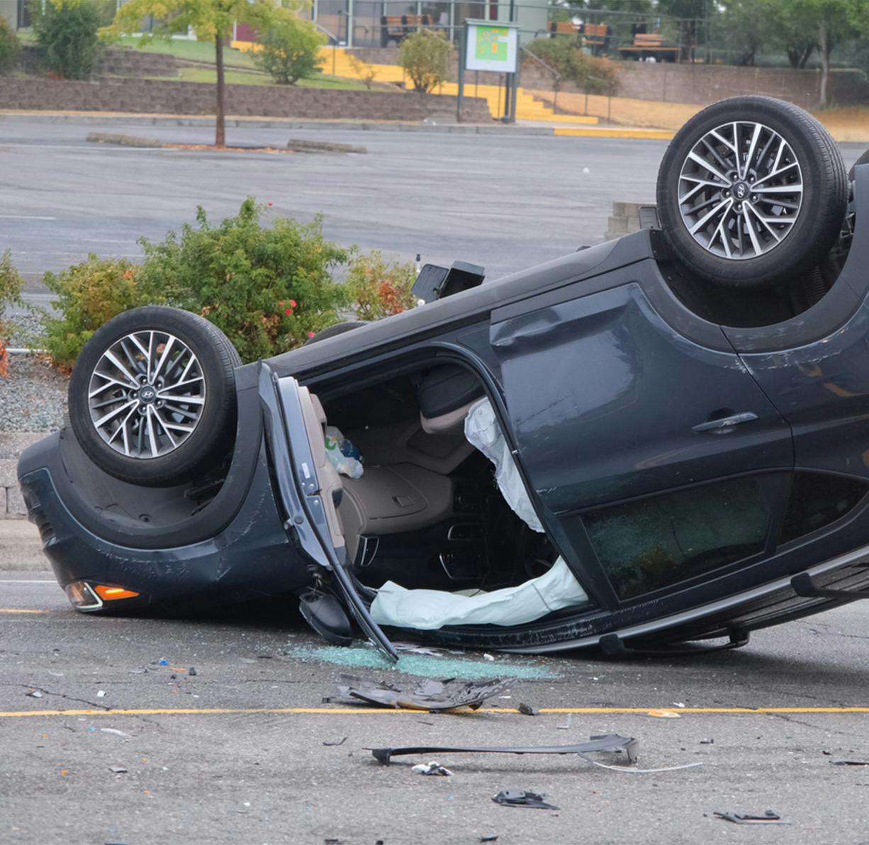 A car flipped upside down