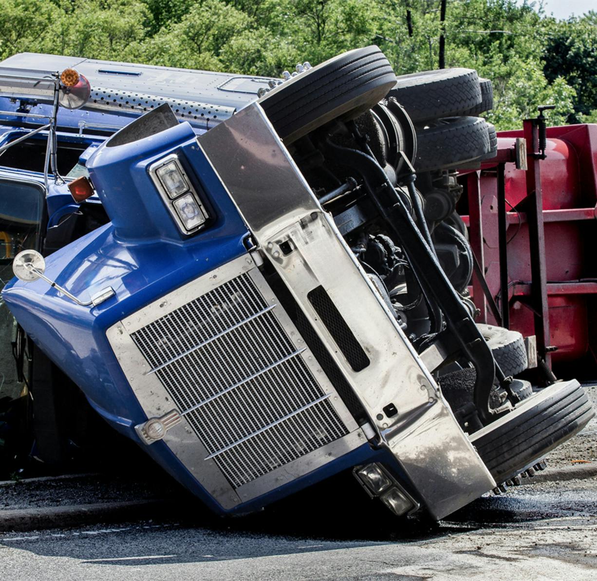 A semi truck flipped upside down