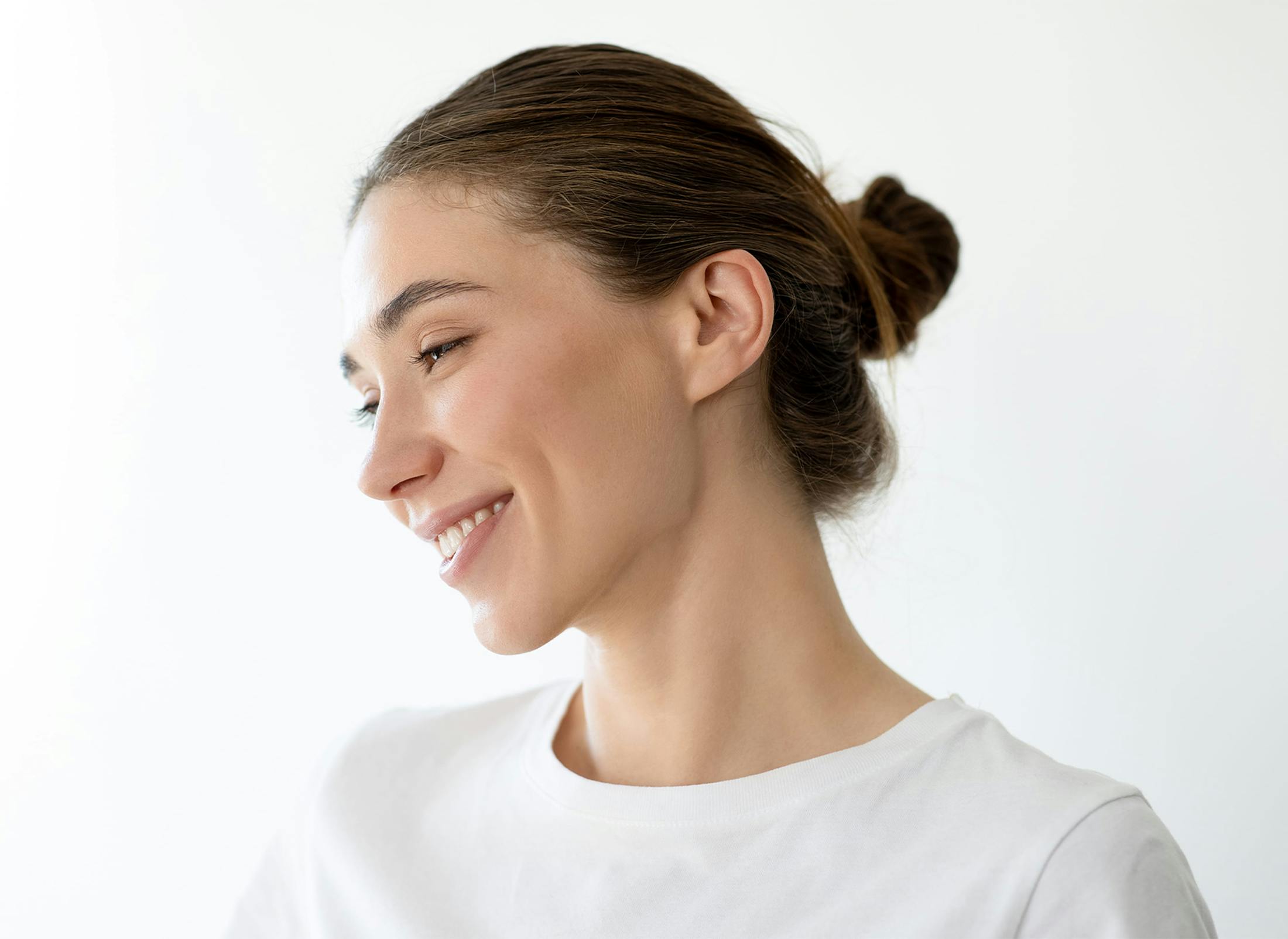 smiling woman with white shirt