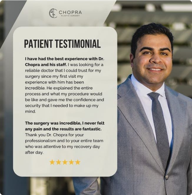 Patient testimonial next to Dr. Chopra