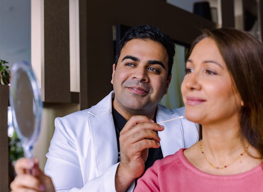 Dr. Chopra pointing to patient's chin as she looks in handheld mirror