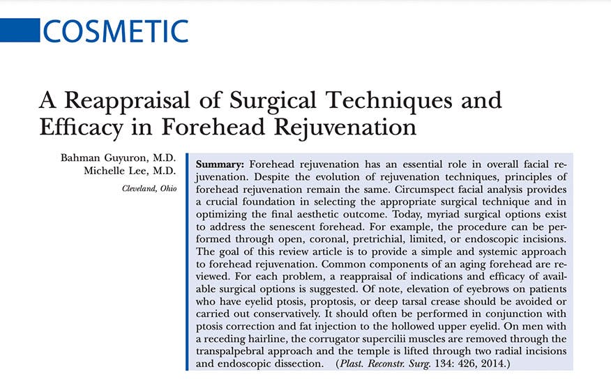 A Reappraisal of Surgical Techniques and Efficacy in Forehead Rejuvenation