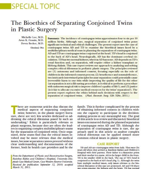 The Bioethics of Separating Conjoined Twins in Plastic Surgery