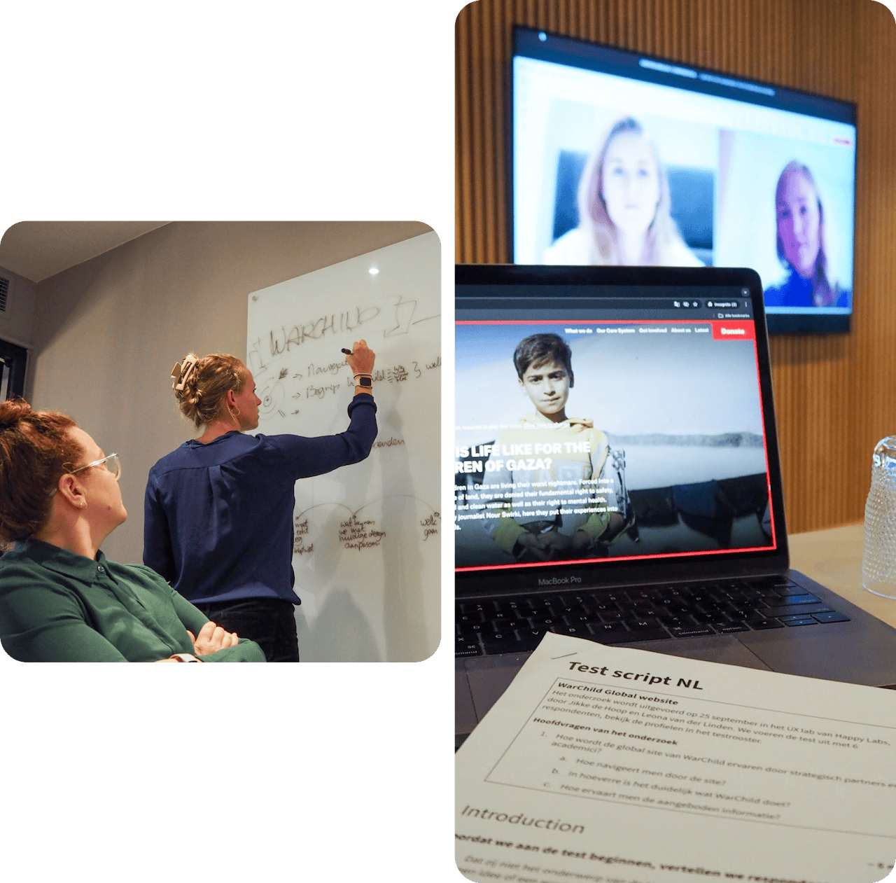 Testdag voor Warchild, persoon is aan het brainstormen op een whiteboard