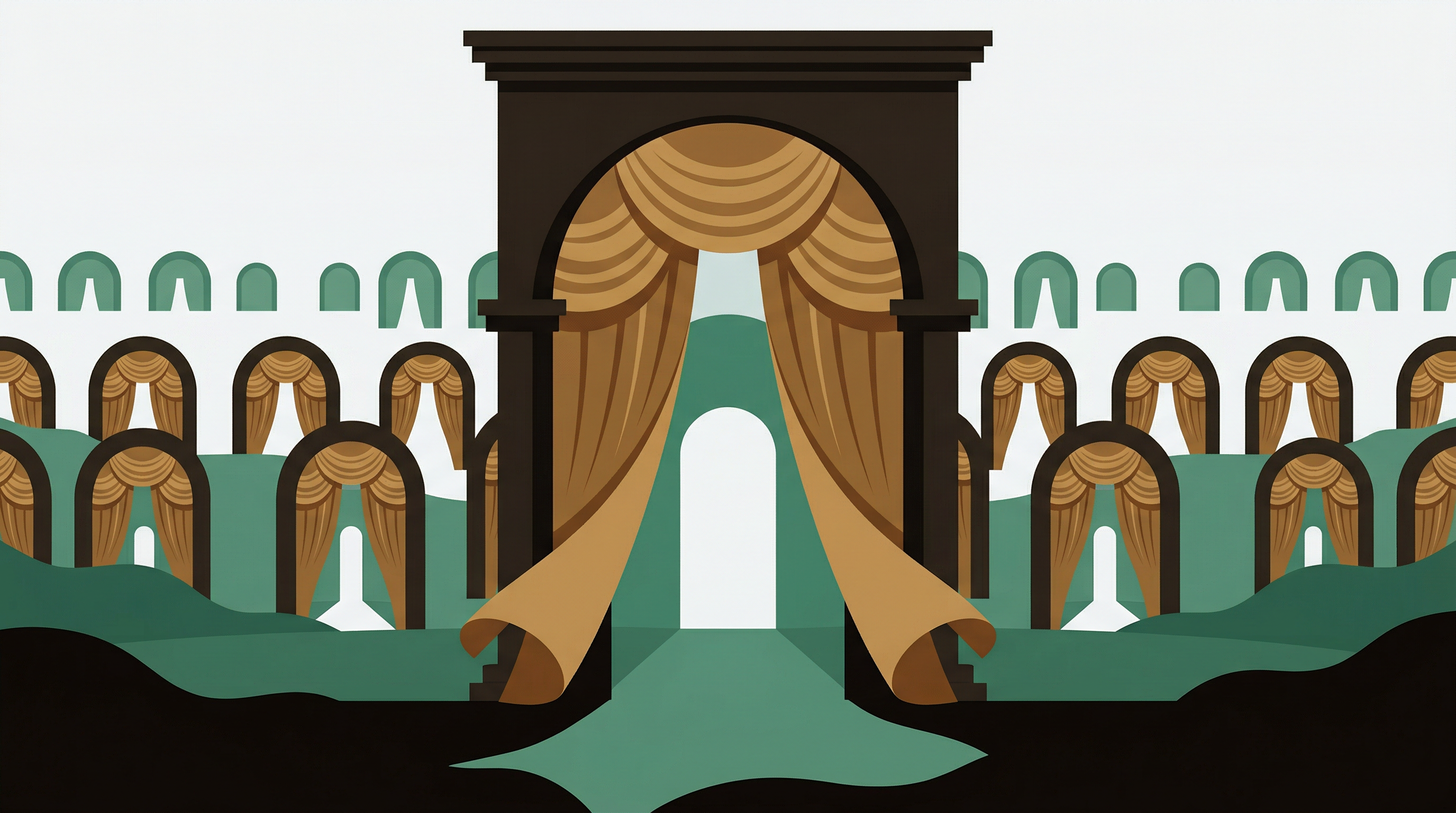 Grand curtained archway with thousands of portals representing cosmetic security controls