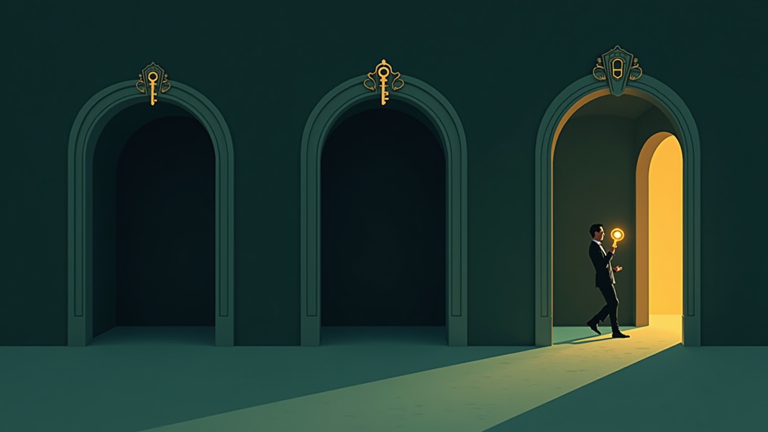 A shadowy figure holds a glowing golden key and walks through an open arch while two others remain sealed — representing stolen integration tokens granting access