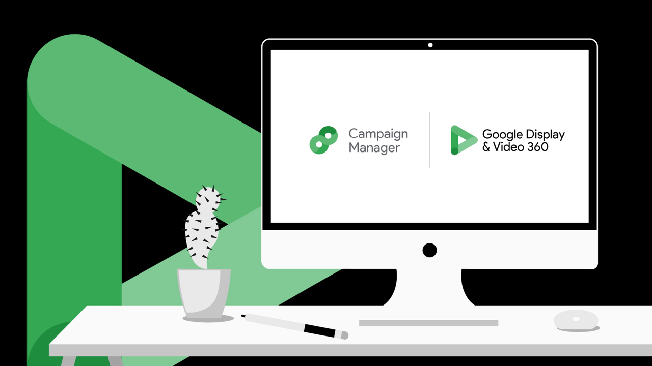 Image of DV360 and Campaign manager logos on a computer
