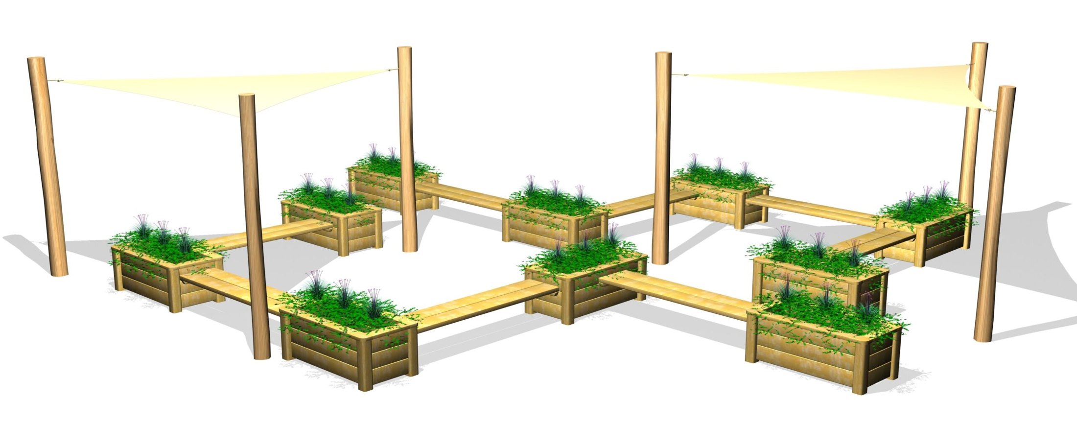 Sittgrupp med solsegel och blomlådor (LEK0811072)