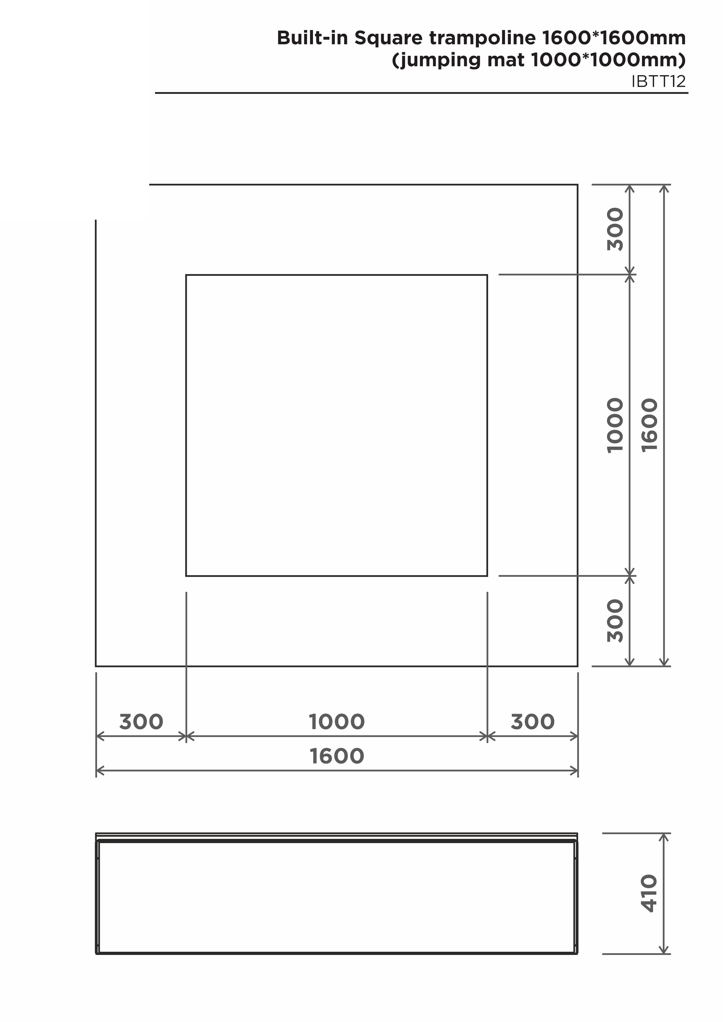 Fyrkantig studsmatta 1600×1600 mm – sidovy