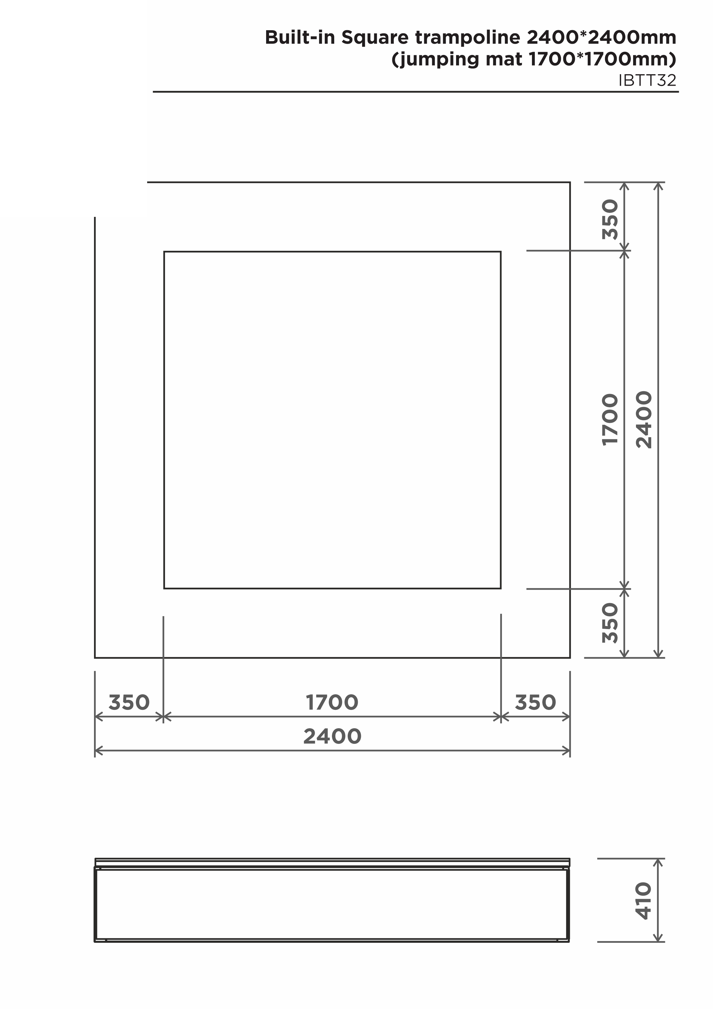Fyrkantig studsmatta 2400×2400 mm – sidovy