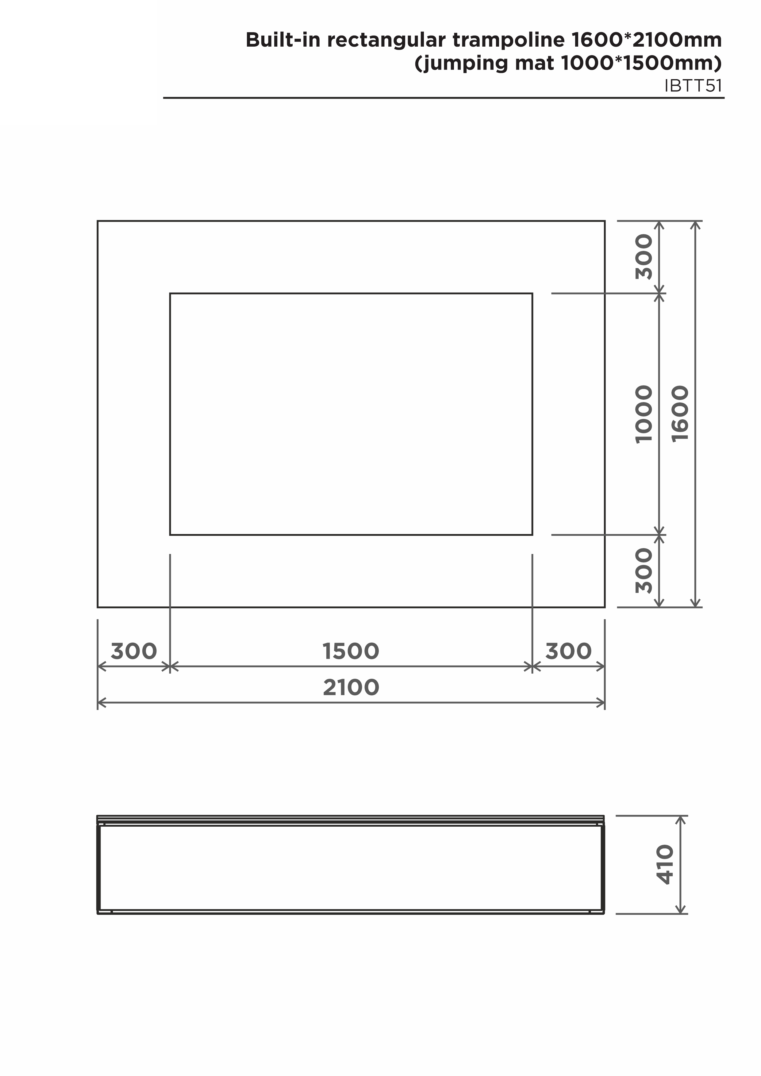 Rektangulär studsmatta 1600×2100 mm – sidovy