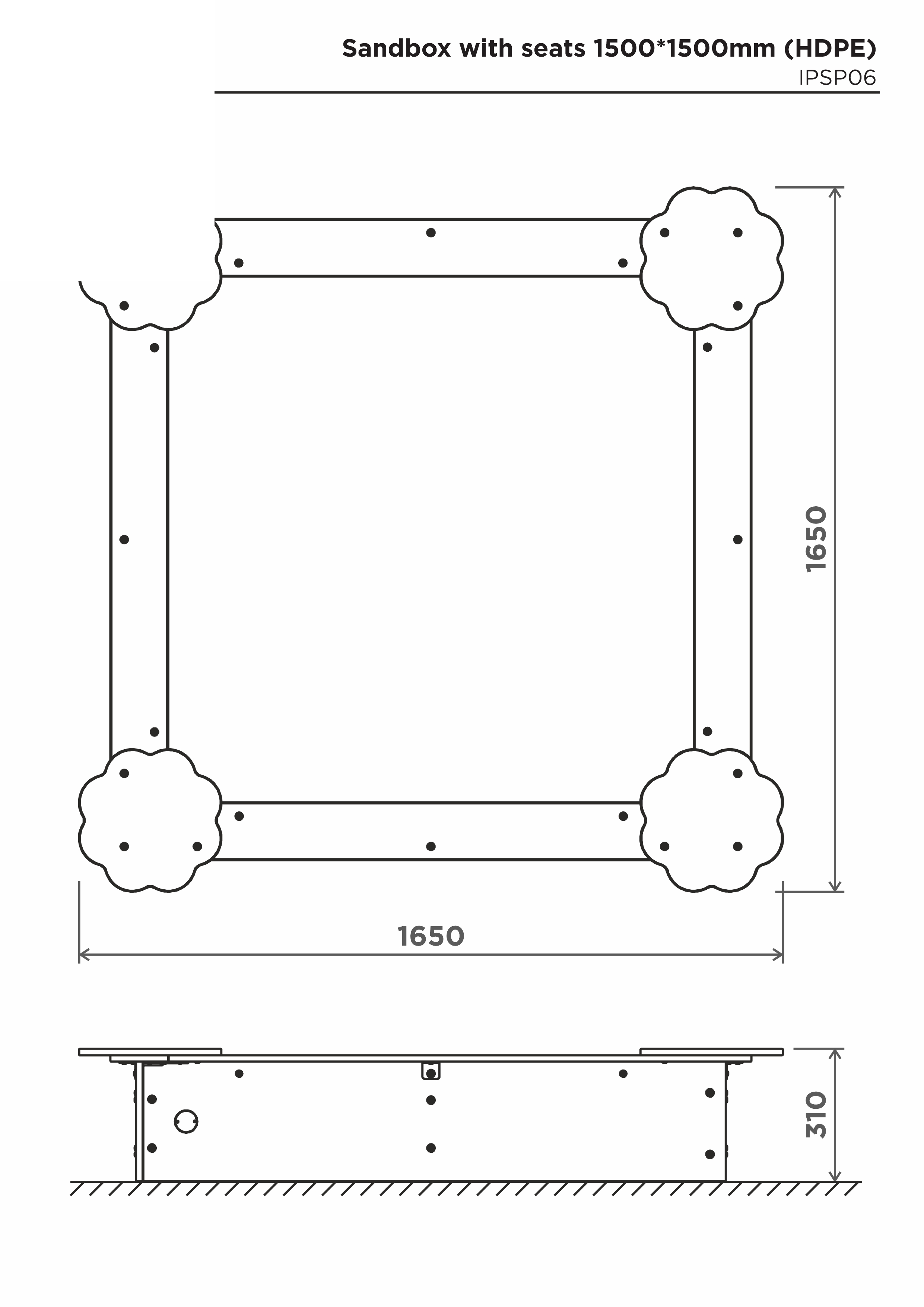 Sandlåda med sitsar 1500*1500mm (HDPE) – sidovy