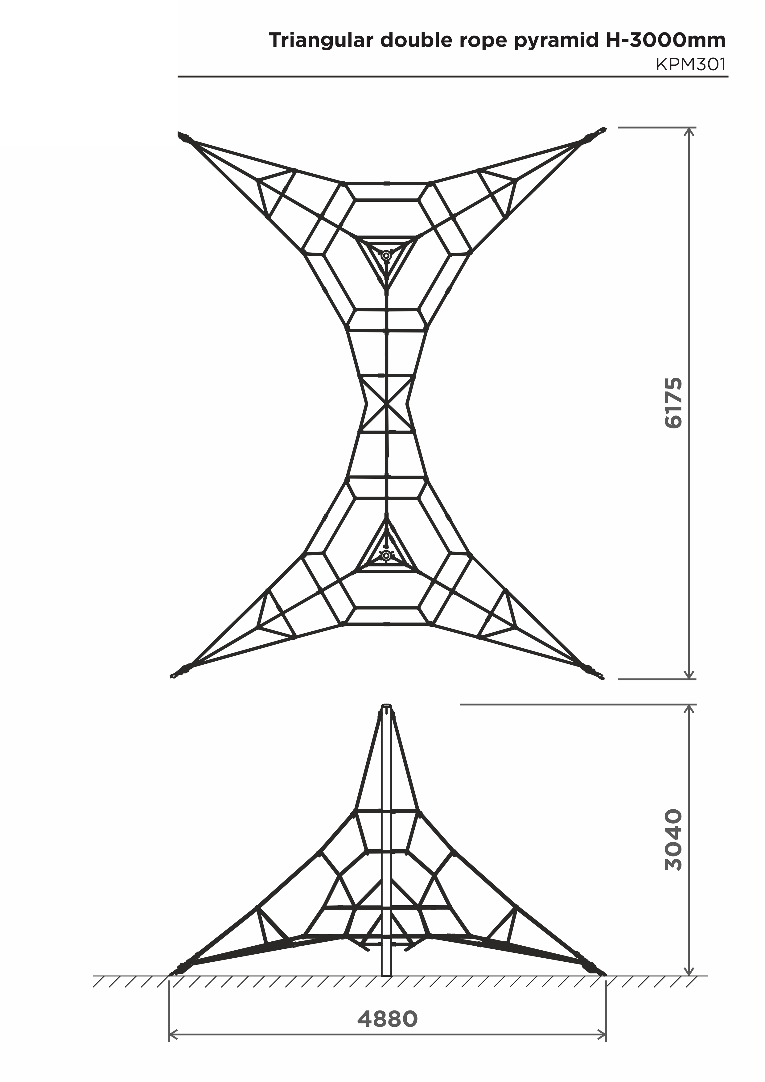 Triangulär dubbel klätterpyramid i rep H-3000mm – sidovy