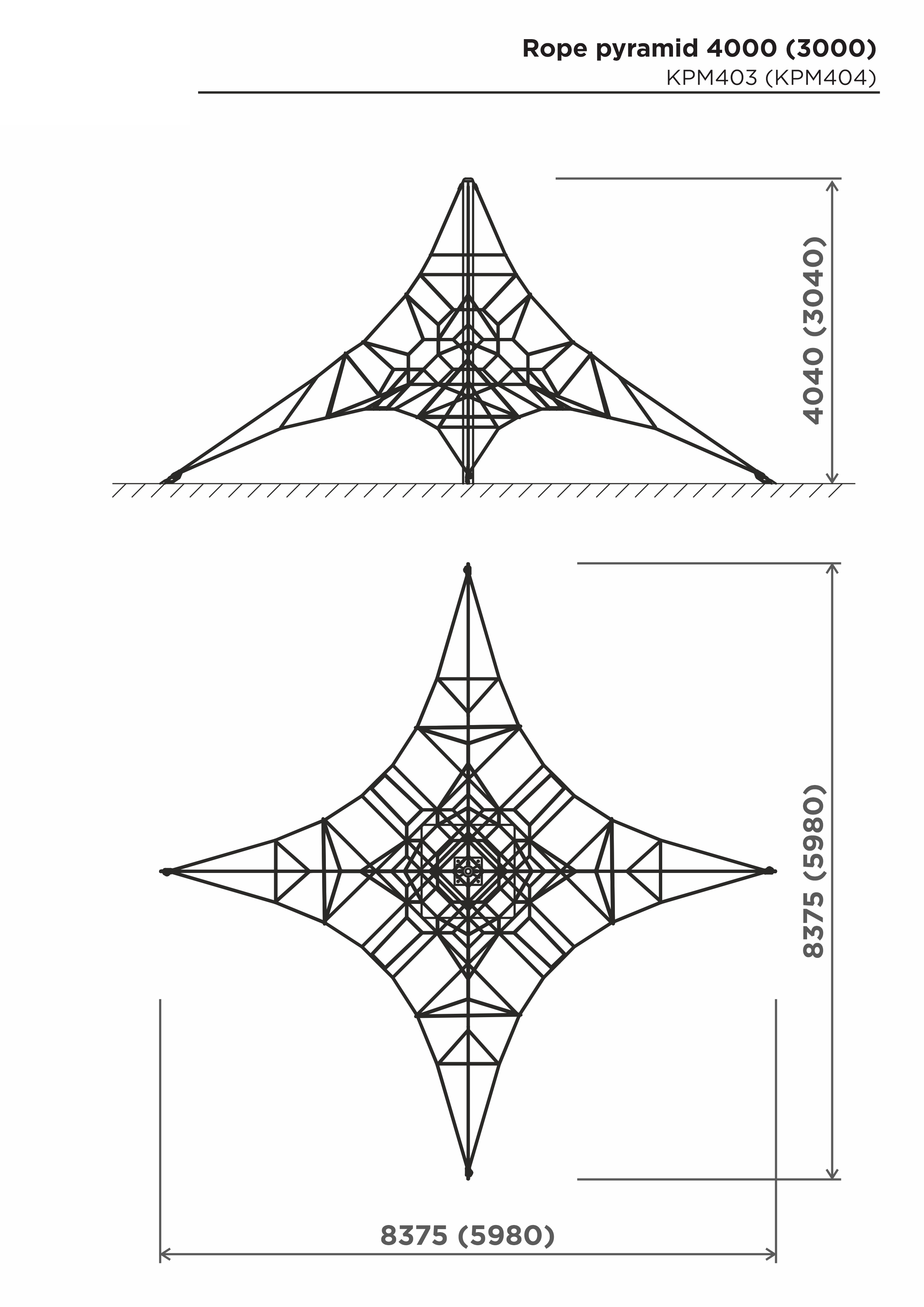 Tetraeder-klätterpyramid i rep H-4000mm – sidovy