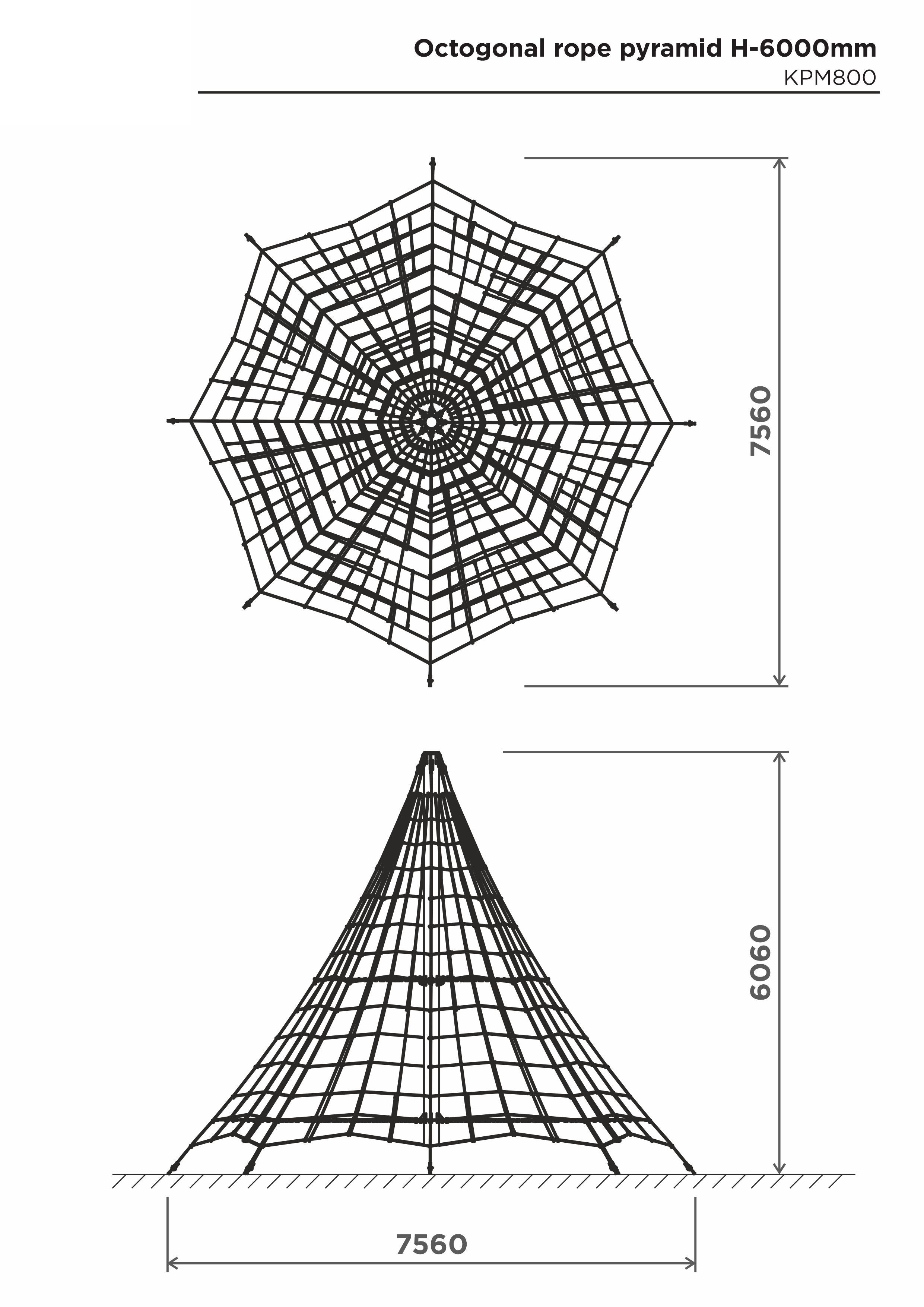 Åttakantig klätterpyramid i rep H-6000 mm – sidovy