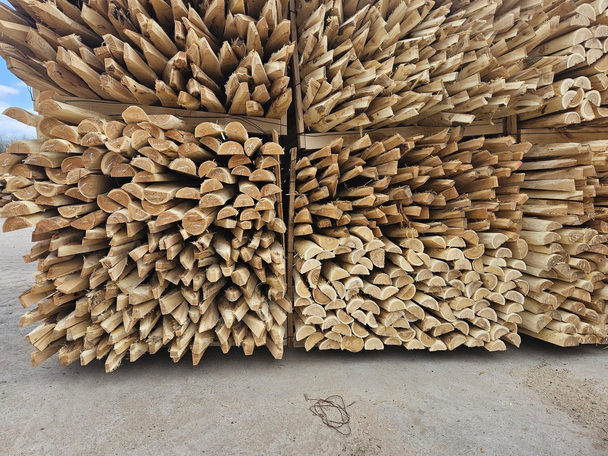 Buntade halvrunda, skalade störar i robinia med spetsade och kapade ändar, staplade på betongplan