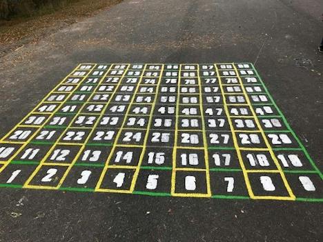 Hundraruta med siffrorna 1 till 100 i gult och grönt