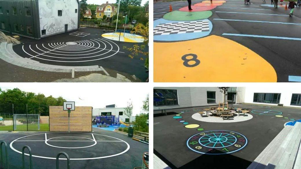 Löparbana, färgfält, basketplan och klocka