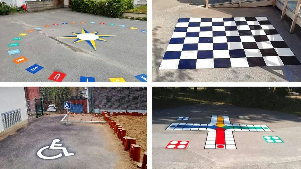 Kompassros, schackbräde, rullstolssymbol och fia