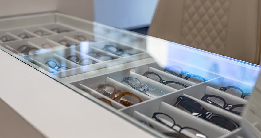 glasses in display case