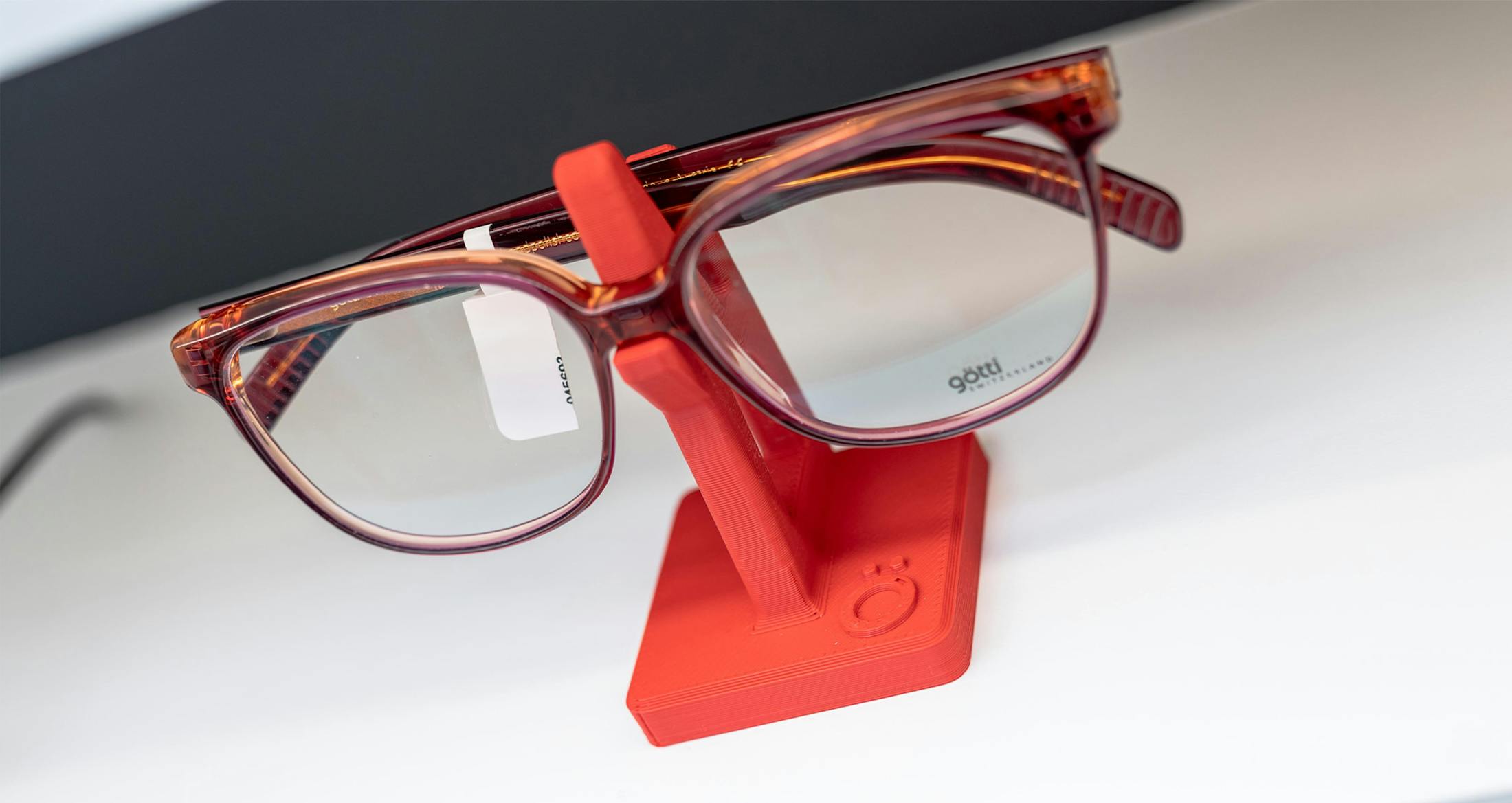red framed glasses